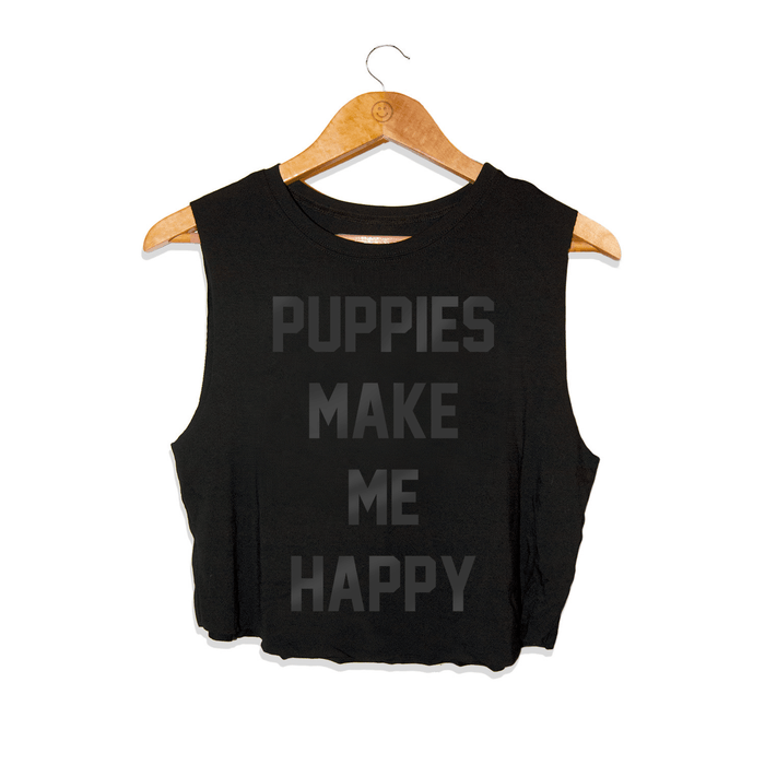 Black Foil Puppies Make Me Happy Crop Top in black foil