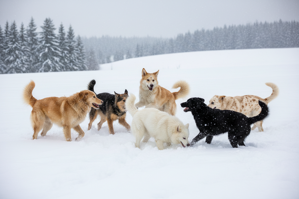 large stray dogs playing in the snow