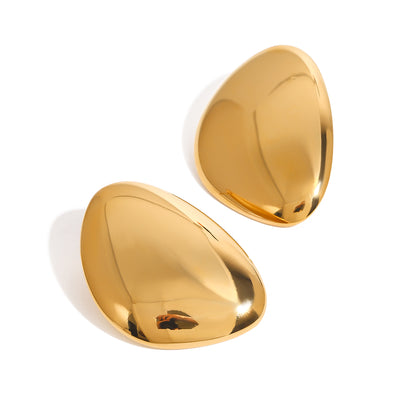 Gold tone stud earrings, 18K gold plated, shaped as smooth domed pebble ovals with a mirror high-polish finish, rounded edges, no stones visible, post-back not visible.