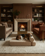 Beagle asleep on the Modern Day boucle dog bed by a fireplace