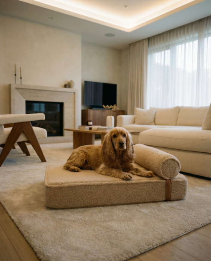Cocker spaniel lying on the Modern Day dog bed in a living room