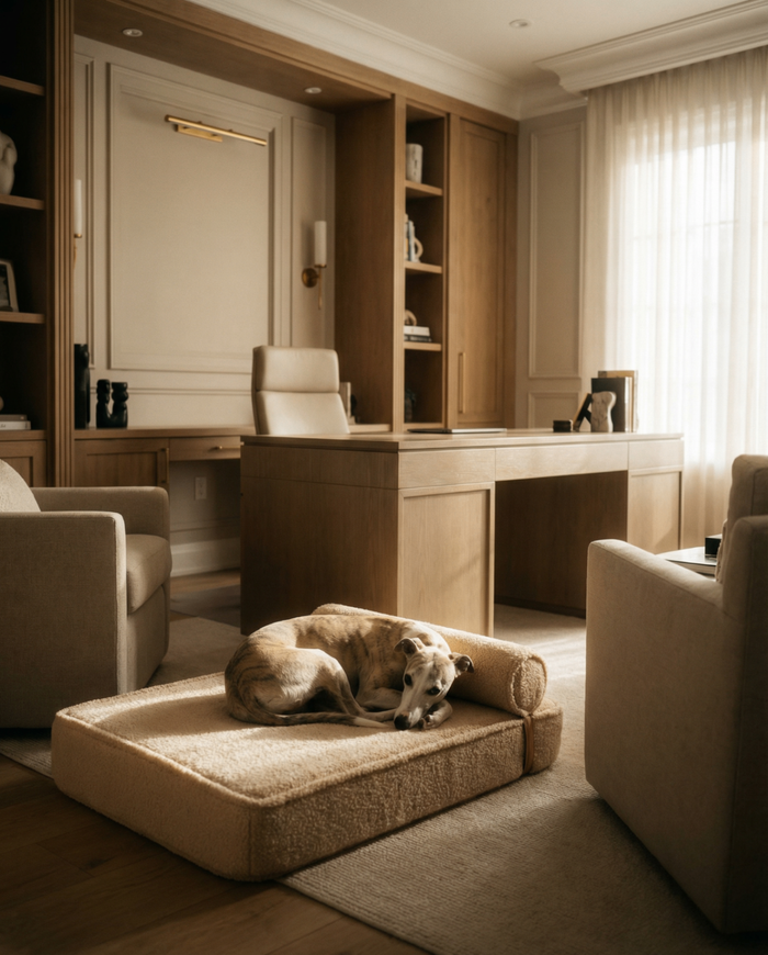 Whippet curled up on the Modern Day dog bed in a home office
