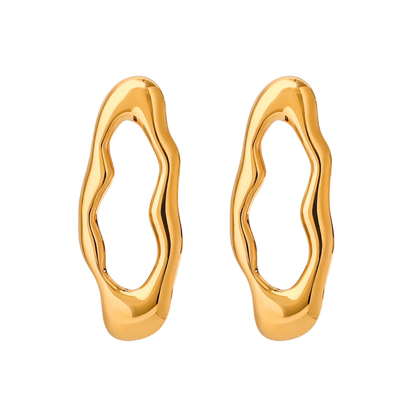 Gold tone hoop earrings, 18K gold plated, shaped as organic open-center oval hoops with a molten sculpted profile, smooth rounded edges, and mirror high-polish finish, no stones visible.