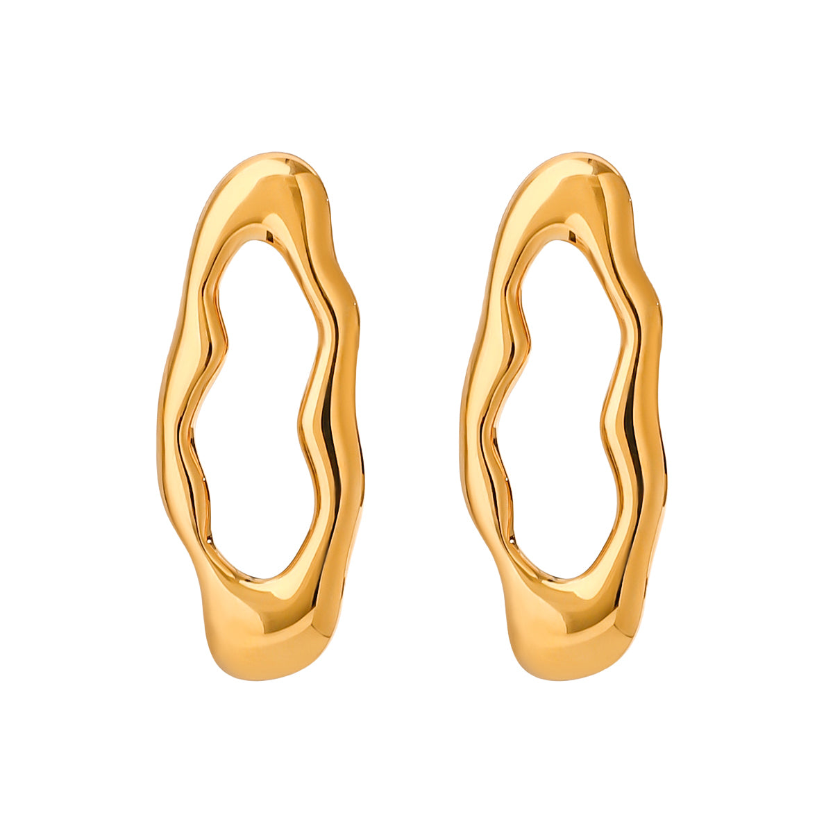 Gold tone hoop earrings, 18K gold plated, shaped as organic open-center oval hoops with a molten sculpted profile, smooth rounded edges, and mirror high-polish finish, no stones visible.