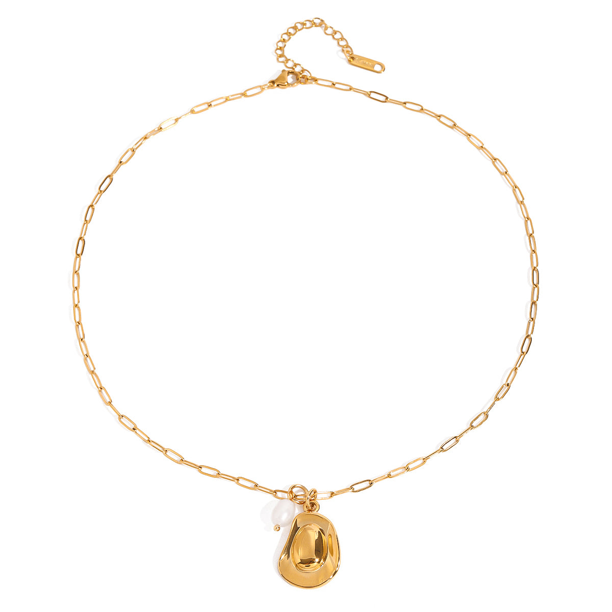 Gold tone charm necklace, 18K gold plated, on an elongated link chain with a polished pebble-shaped charm and a single pearl drop, lobster clasp and extender visible, no other stones visible.