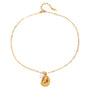 Gold tone charm necklace, 18K gold plated, on an elongated link chain with a polished pebble-shaped charm and a single pearl drop, lobster clasp and extender visible, no other stones visible.
