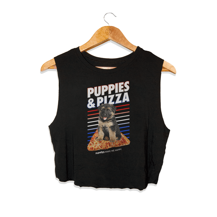 Puppies & Pizza Crop Tank in black