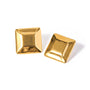 Gold tone stud earrings, 18K gold plated, shaped as puffed square domed studs with smooth rounded edges and a mirror high-polish finish, no stones visible, post-back not visible.