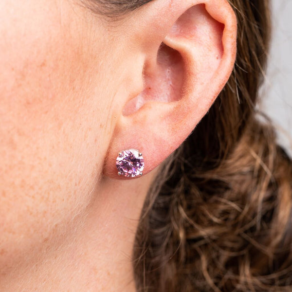 Pink Round Cubic Zirconia Stud Earrings in Rhodium-Plated Brass, photo 2