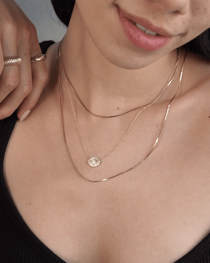 14K Gold Diamond Ribbed Evil Eye Necklace, photo 5