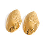 Gold tone stud earrings, 18K gold plated, in domed oval shapes with wave-like rippled ridges and a mirror high-polish finish, no stones visible, post-back not visible.