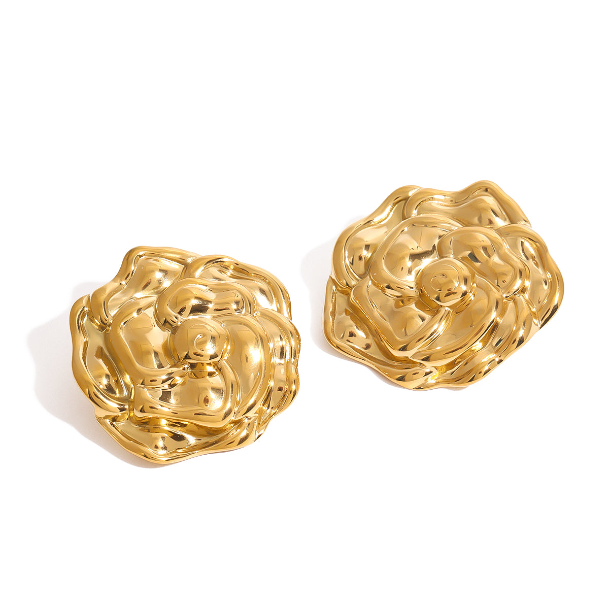 Gold tone stud earrings, 18K gold plated, shaped as rose bloom motifs with layered sculpted petals and a rounded molten profile in a mirror high-polish finish, no stones visible.