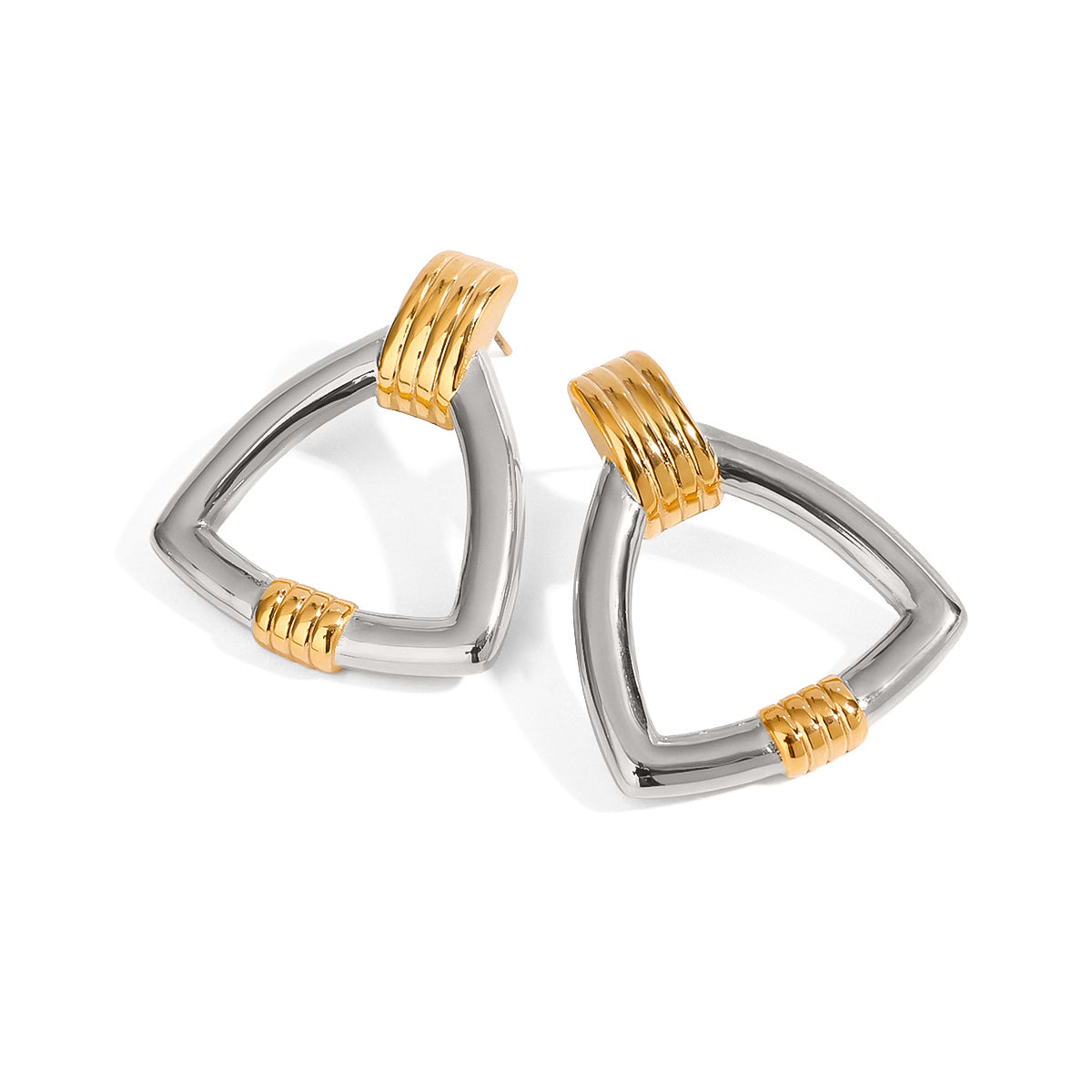Gold tone hoop earrings, 18K gold plated, shaped as open triangle hoops with smooth metal tubing and ridged gold-tone wrap accents, no stones visible, post-back not visible.