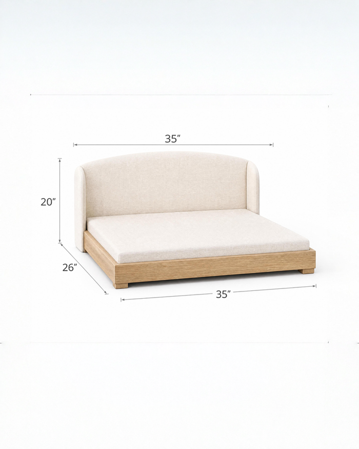 Haven dog bed dimensions: 35 in wide, 26 in deep, 20 in backrest