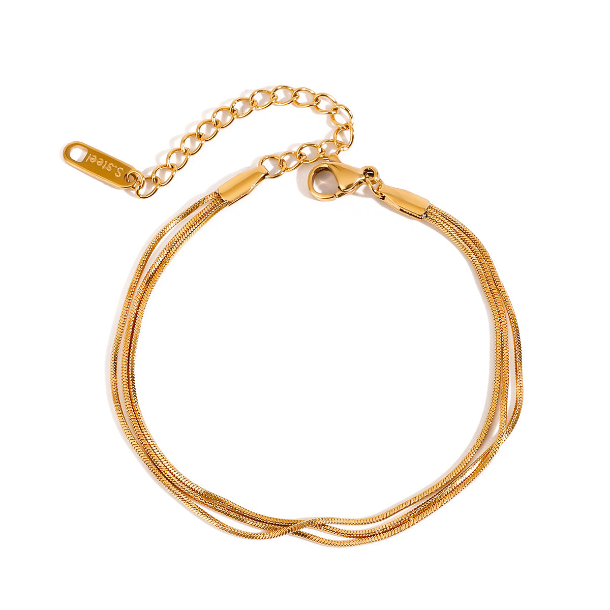 Gold tone multi-strand bracelet, 18K gold plated, with three snake chain strands and a lobster clasp, extender chain visible, no stones visible.