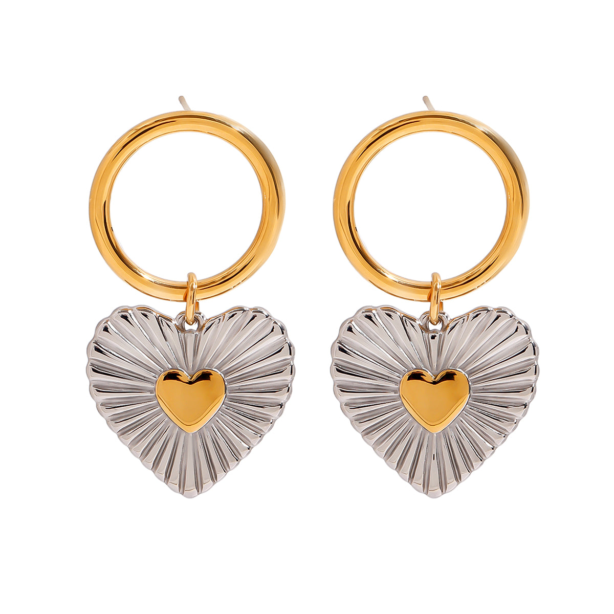 Two tone gold tone and silver tone hoop earrings, 18K gold plated, with a ribbed silver heart charm and a glossy gold heart center, no stones visible, post visible.