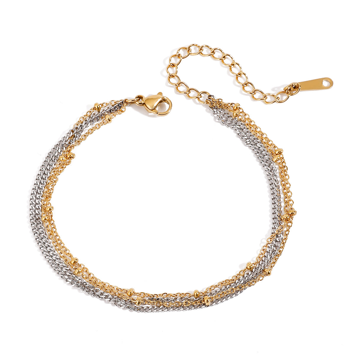 Two tone gold tone and silver tone multi-strand bracelet, 18K gold plated, with multiple layered fine chains and a lobster clasp, extender chain visible, no stones visible.