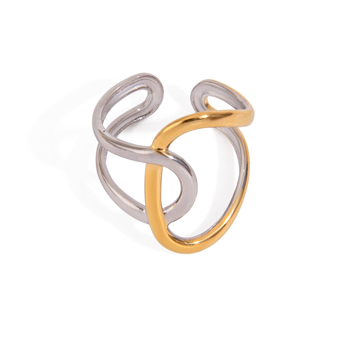 Two tone gold tone and silver tone cuff ring, 18K gold plated, shaped as intertwined crossover loops with a mirror high-polish finish, smooth rounded edges, open construction, and no stones visible.