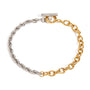 Two tone gold tone and silver tone chain bracelet, 18K gold plated, with one side of twisted rope links and one side of glossy oval links, toggle clasp visible, no stones visible.