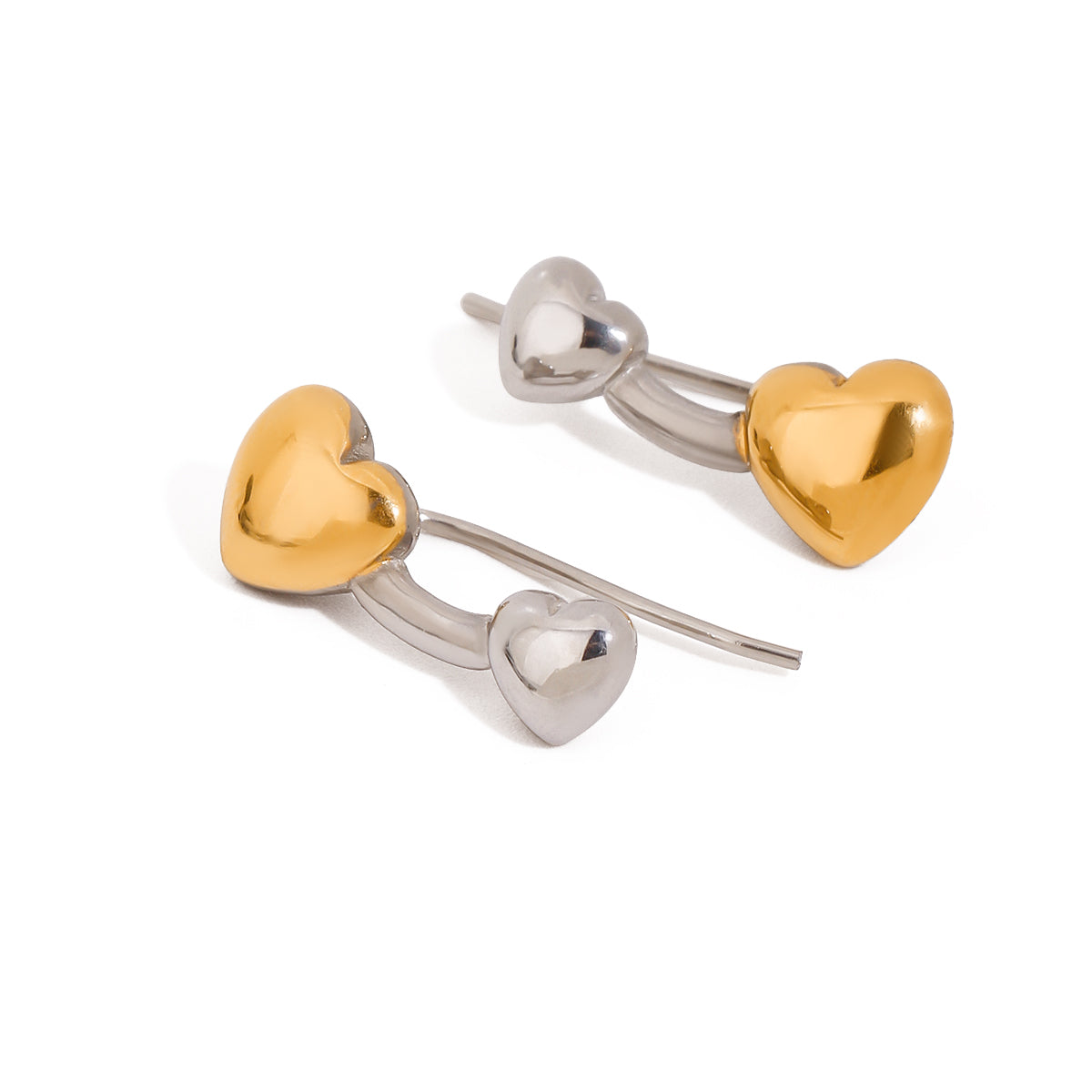 Two tone gold tone and silver tone drop earrings, 18K gold plated, with a curved bar design featuring glossy heart motifs, no stones visible, post-back visible.