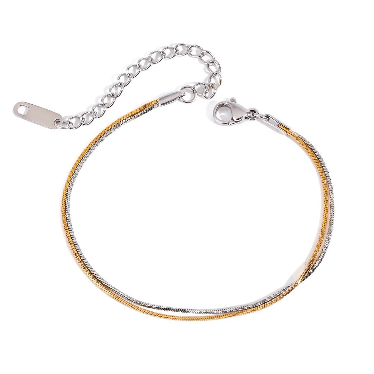 Two tone gold tone and silver tone snake chain bracelet, 18K gold plated, with a smooth snake chain and lobster clasp, extender chain visible, no stones visible.