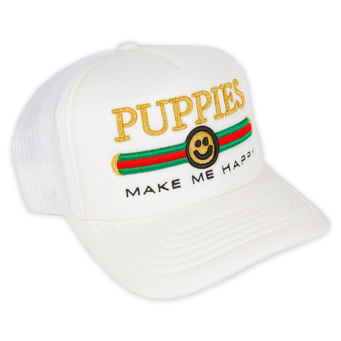 Pup Lux Metallic Gold Puff Trucker Hat in white