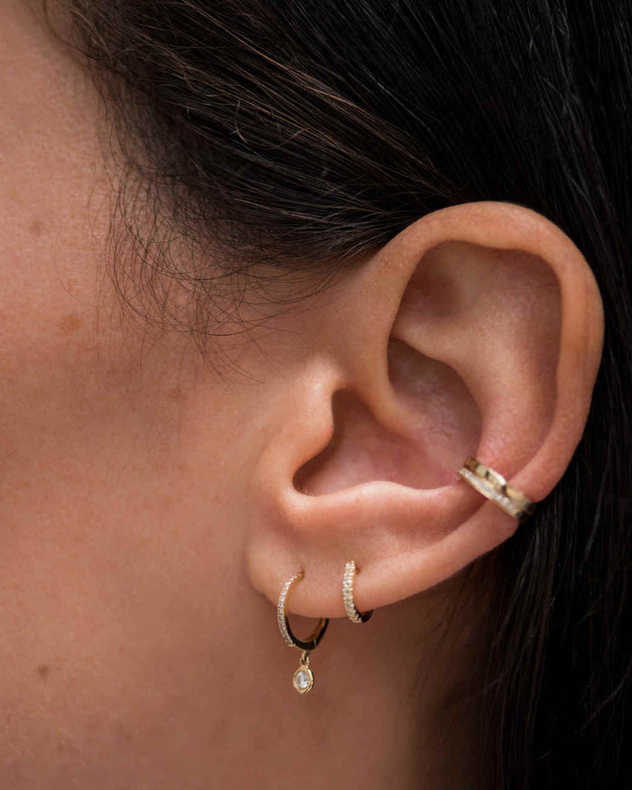 14K Gold Pave Diamond Bezel Drop Huggie Earrings, photo 2