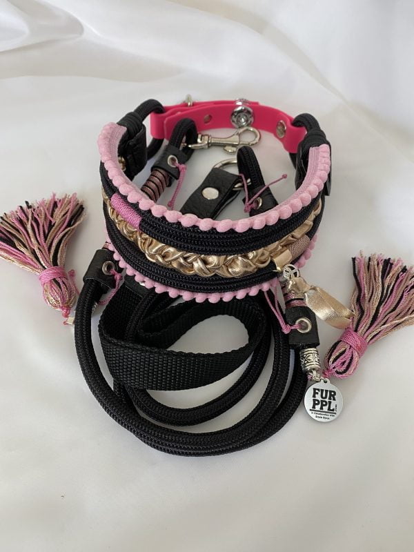 Premium Handmade Dog Collar & Leash Set Tau Rope in Black & Pink with Chrome Hardware & Gold Touches