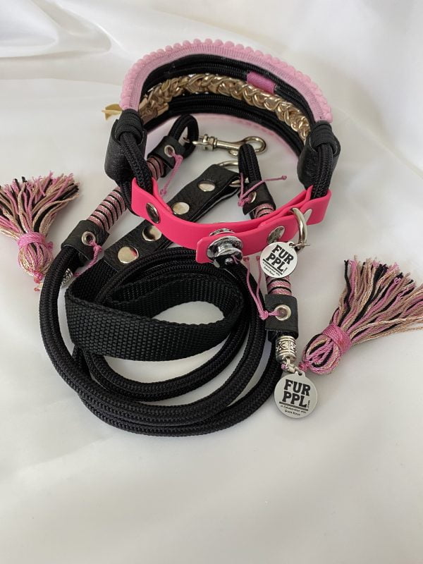 Premium Tau Dog Collar & Leash Set in Black & Pink with Chrome Hardware & Gold Touches
