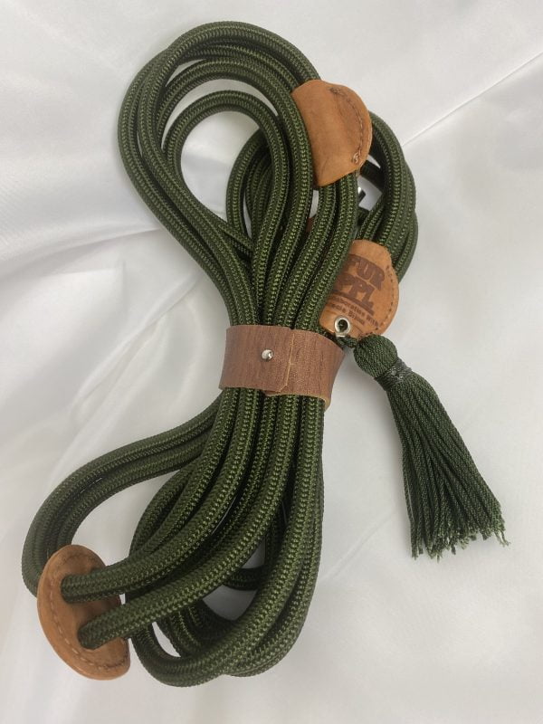 Premium Dog Handmade Handsfree Harness in Military Green with Leather Accessories
