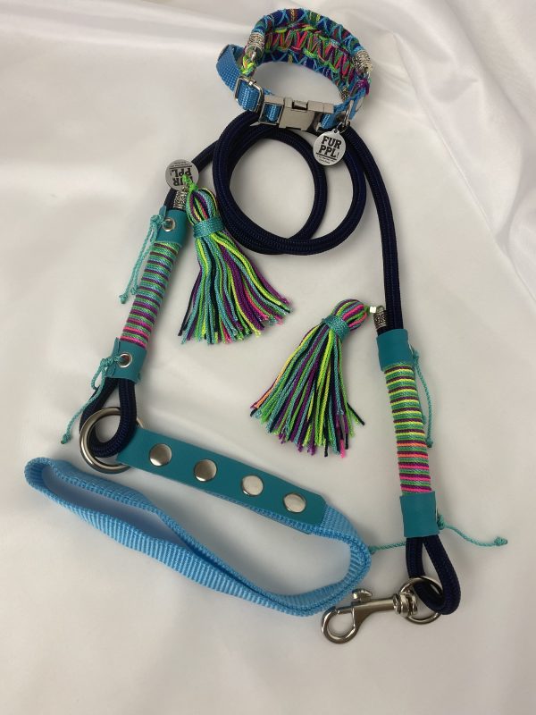 Premium Handmade Dog Collar & Leash Set Tau Rope in Black & Blue with Chrome Hardware & Turquoise Touches