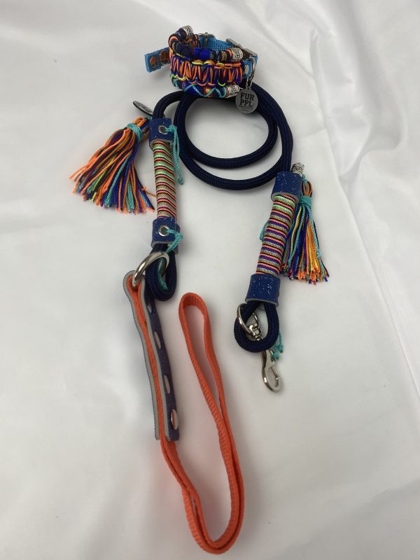 Premium Handmade Dog Collar & Leash Set Tau Rope in Black & Orange with Chrome Hardware & Blue Touches