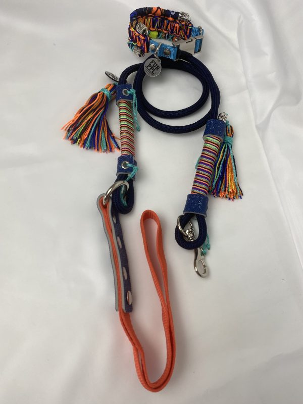 Premium Handmade Dog Collar & Leash Set Tau Rope in Black & Orange with Chrome Hardware & Blue Touches