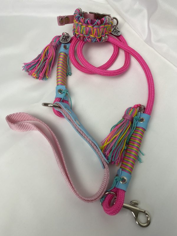 Premium Handmade Dog Collar & Leash Set Tau Rope in Bright Pink & Pastel Pink with Chrome Hardware & Turquoise Touches