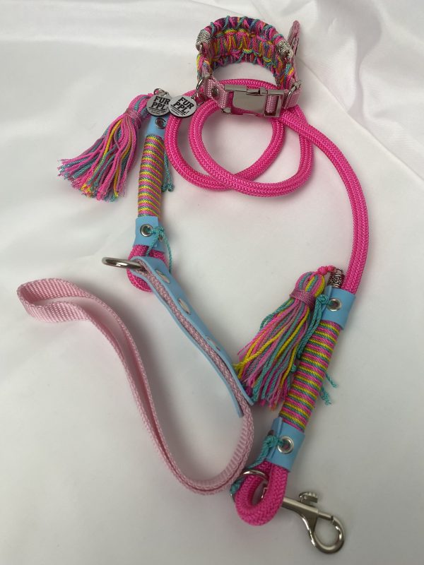 Premium Handmade Dog Collar & Leash Set Tau Rope in Bright Pink & Pastel Pink with Chrome Hardware & Turquoise Touches