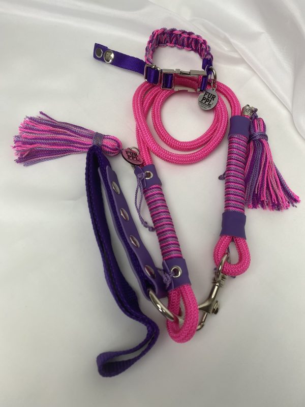 Premium Handmade Dog Collar & Leash Set Tau Rope in Pink & Purple with Chrome Hardware & Purple Touches