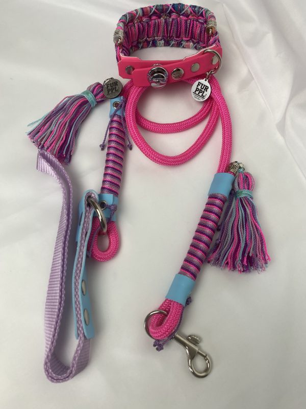 Premium Handmade Dog Collar & Leash Set Tau Rope in Pink & Lavender with Chrome Hardware & Light Blue Touches