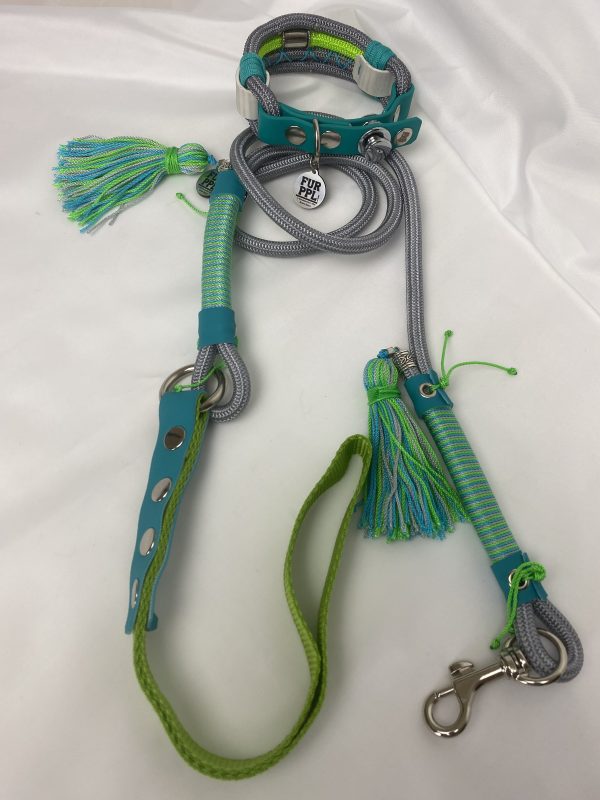 Premium Handmade Dog Collar & Leash Set Tau Rope in Silver & Green with Chrome Hardware & Blue Touches