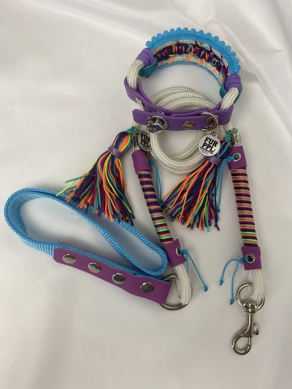 Premium Handmade Dog Collar & Leash Set Tau Rope in White & Purple with Chrome Hardware & Light Blue Touches
