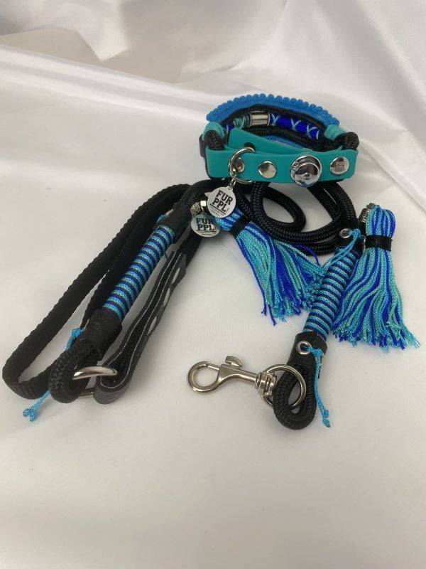 Premium Handmade Dog Collar & Leash Set Tau Rope in Black & Blue with Chrome Hardware & Turquoise Touches