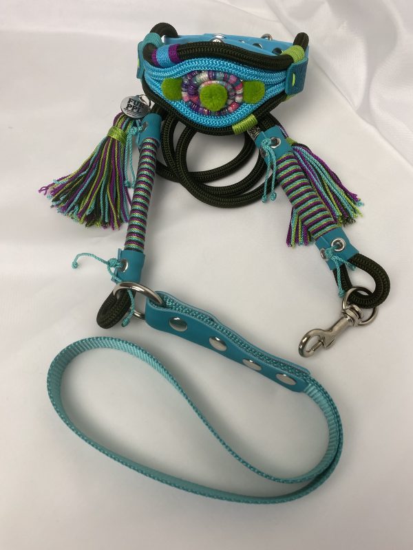 Premium Handmade Dog Collar & Leash Set Tau Rope in Black & Turquoise with Chrome Hardware & Green Touches