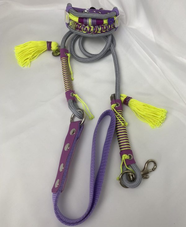 Premium Handmade Dog Collar & Leash Set Tau Rope in Silver & Purple with Chrome Hardware & Neon Yellow Touches