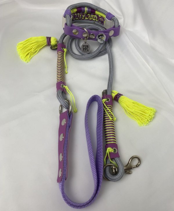 Premium Handmade Dog Collar & Leash Set Tau Rope in Silver & Purple with Chrome Hardware & Neon Yellow Touches