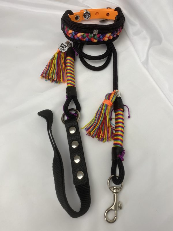 Premium Handmade Dog Collar & Leash Set Tau Rope in Black & Orange with Chrome Hardware & Yellow Touches
