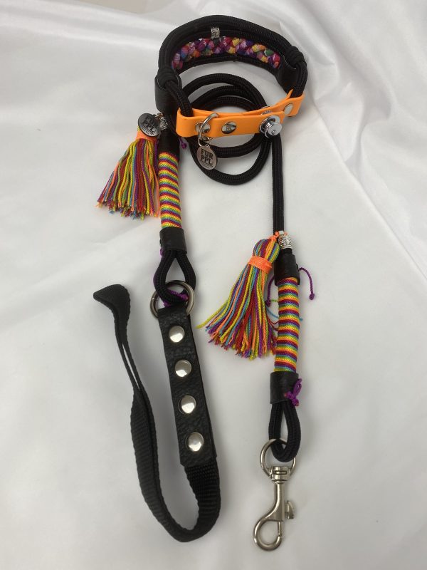 Premium Handmade Dog Collar & Leash Set Tau Rope in Black & Orange with Chrome Hardware & Yellow Touches