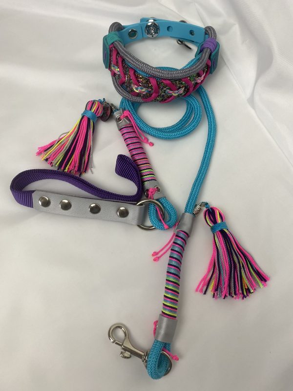 Premium Handmade Dog Collar & Leash Set Tau Rope in Light Blue & Purple with Chrome Hardware & Pink Touches
