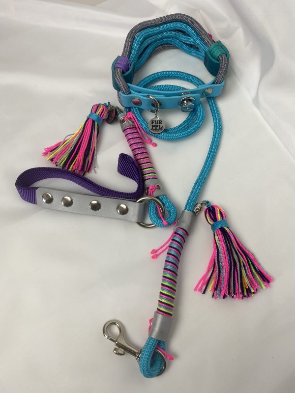 Premium Handmade Dog Collar & Leash Set Tau Rope in Light Blue & Purple with Chrome Hardware & Pink Touches