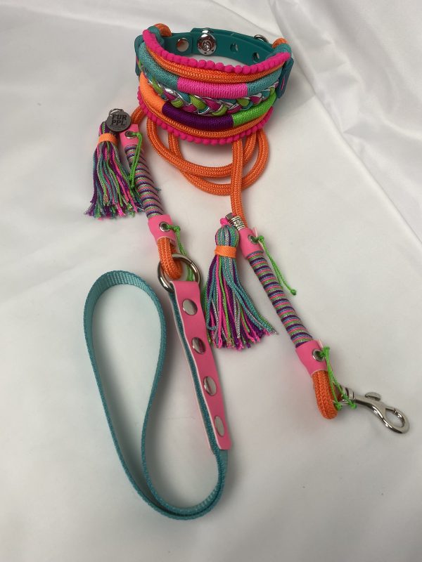 Premium Handmade Dog Collar & Leash Set Tau Rope in Orange & Green with Chrome Hardware & Pink Touches
