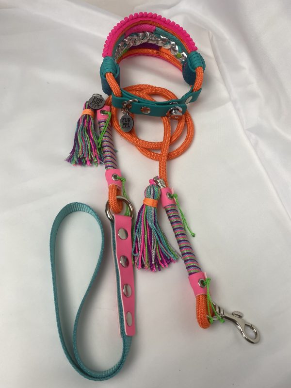 Premium Handmade Dog Collar & Leash Set Tau Rope in Orange & Green with Chrome Hardware & Pink Touches
