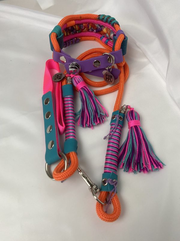 Premium Handmade Dog Collar & Leash Set Tau Rope in Orange & Purple with Chrome Hardware & Pink Touches